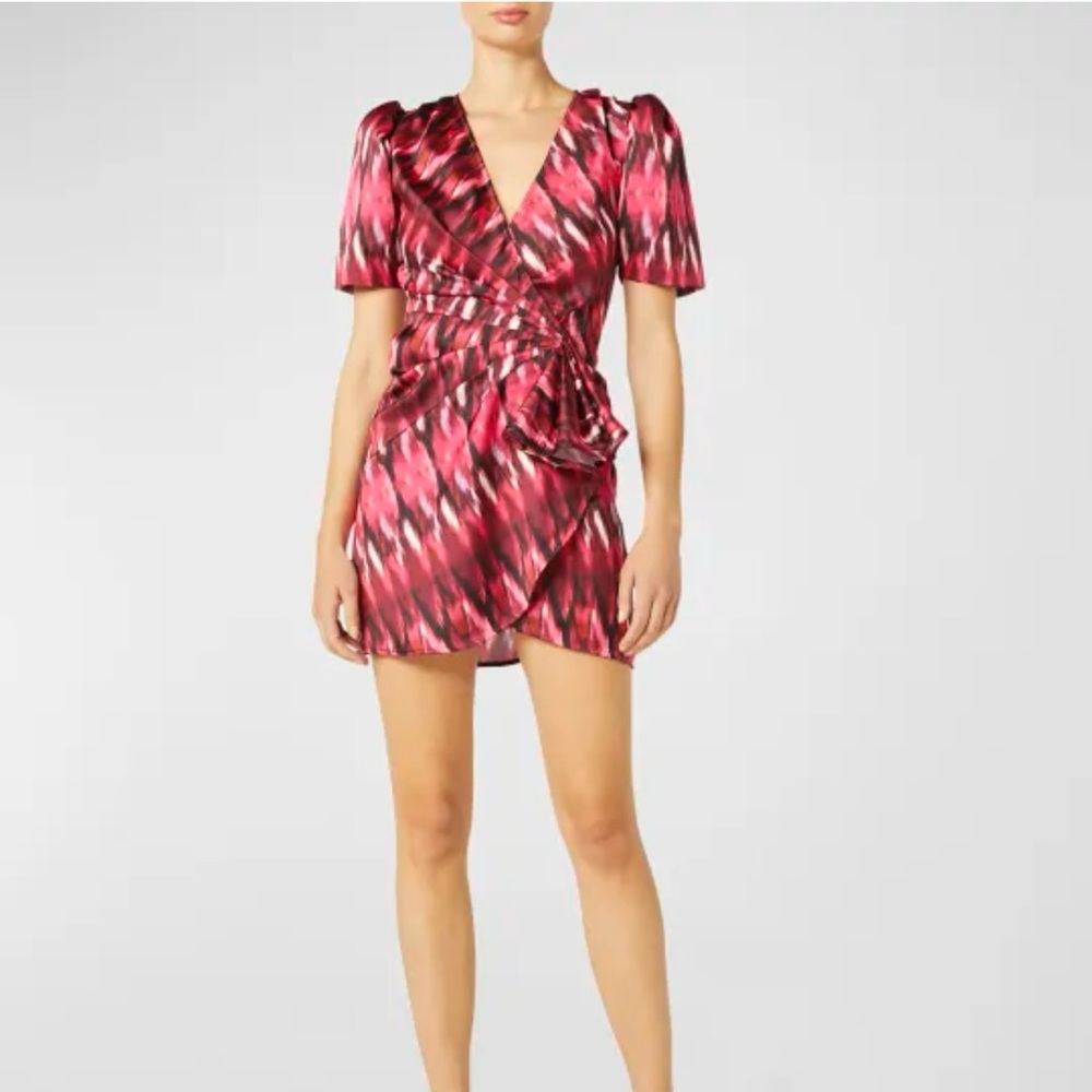 MISA Los Angeles Amina Ikat Print Gathered Faux Wrap Satin Minidress